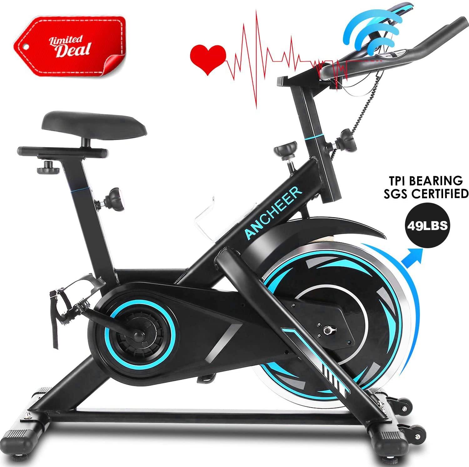 ANCHEER 49Lbs Exercise Bike Stationary, 330 Lbs Weight Capacity - Cycling Bike Heart Rate Monitor & Tablet Holder and LCD Monitor for Home Workout - JOY2ESpree