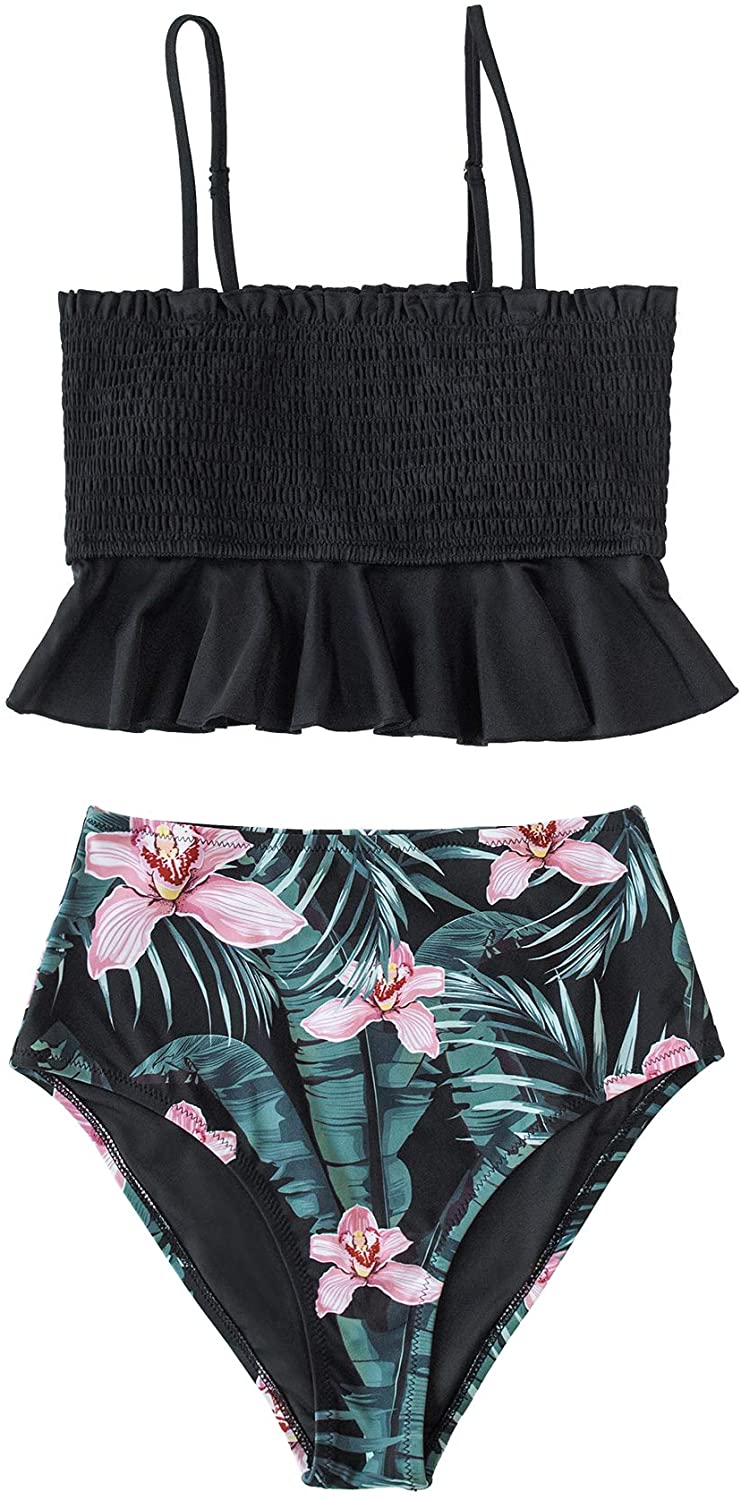 CUPSHE Women's High Waist Bikini Swimsuit Ruffle Smock Floral Print Two Piece Bathing Suit