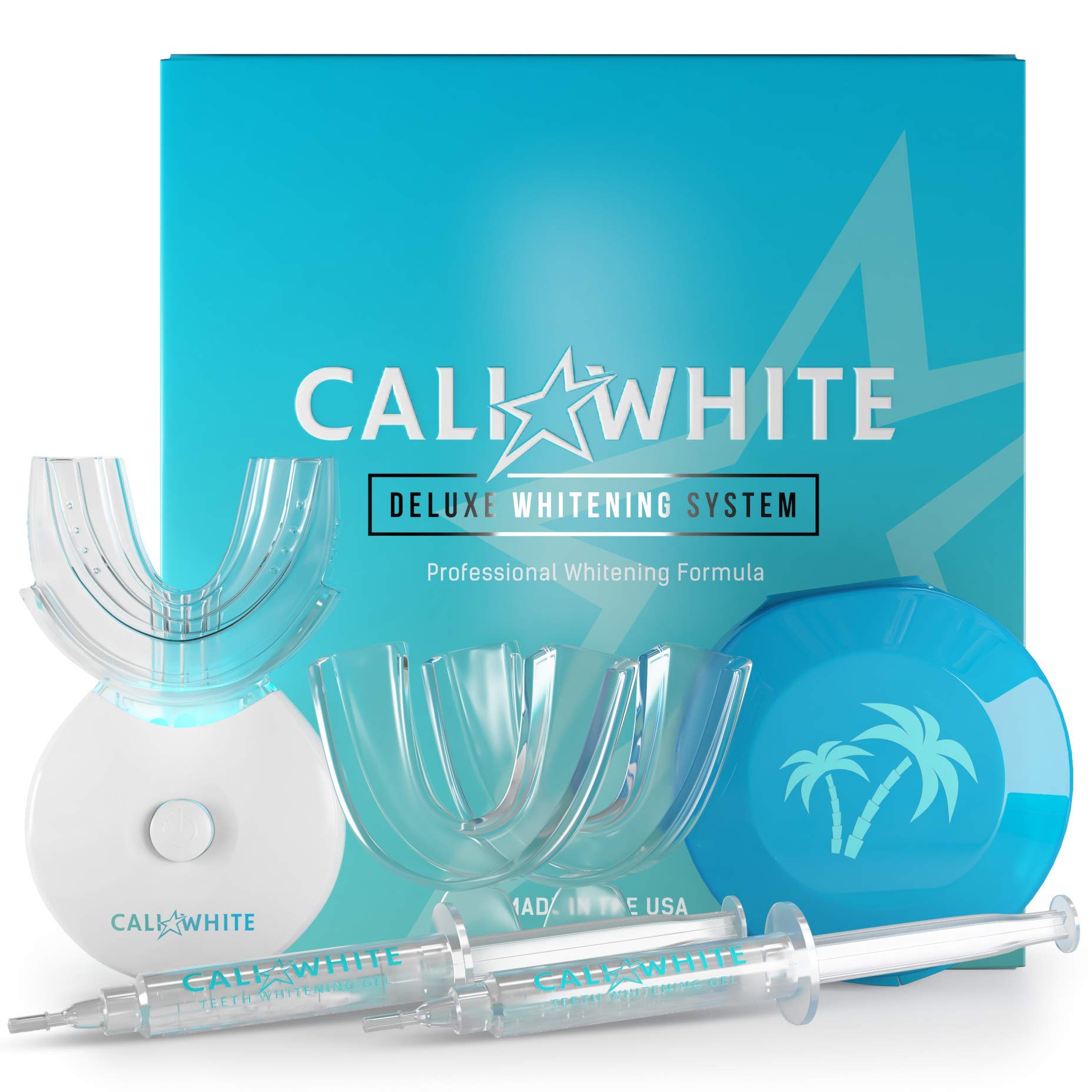 Cali White Vegan Teeth Whitening Kit with LED Light, Made in USA, Natural & Organic Peroxide Gel