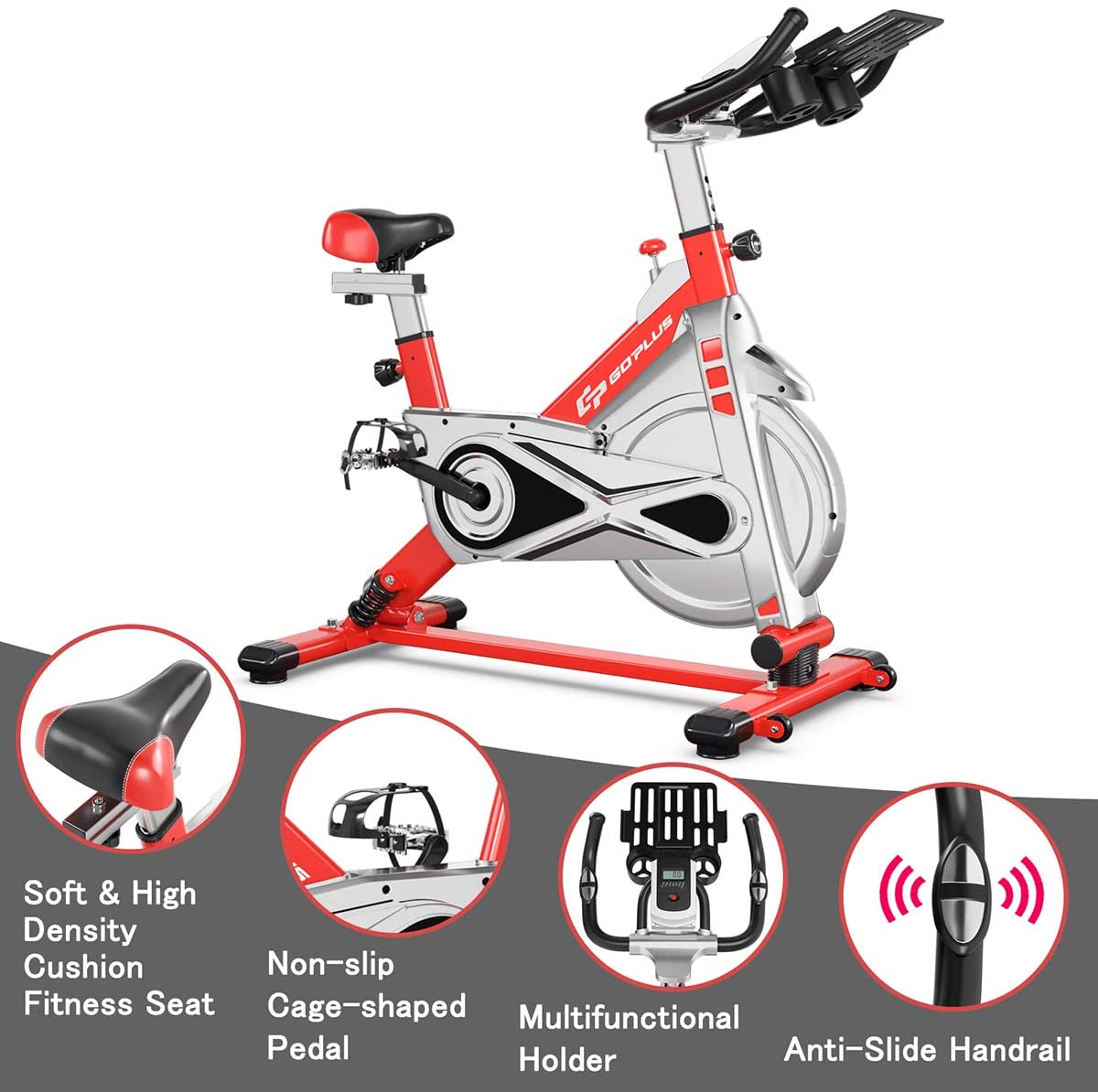 Goplus Adjustable Exercise Bike, Stationary Silent Bicycle with Dual-Spring Shock Absorption Design - JOY2ESpree