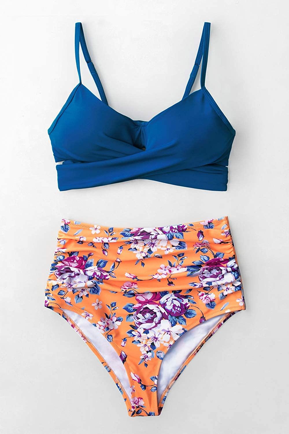 CUPSHE Women's High Waist Bikini Swimsuit Floral Print Tie Two Piece Bathing Suit - JOY2ESpree