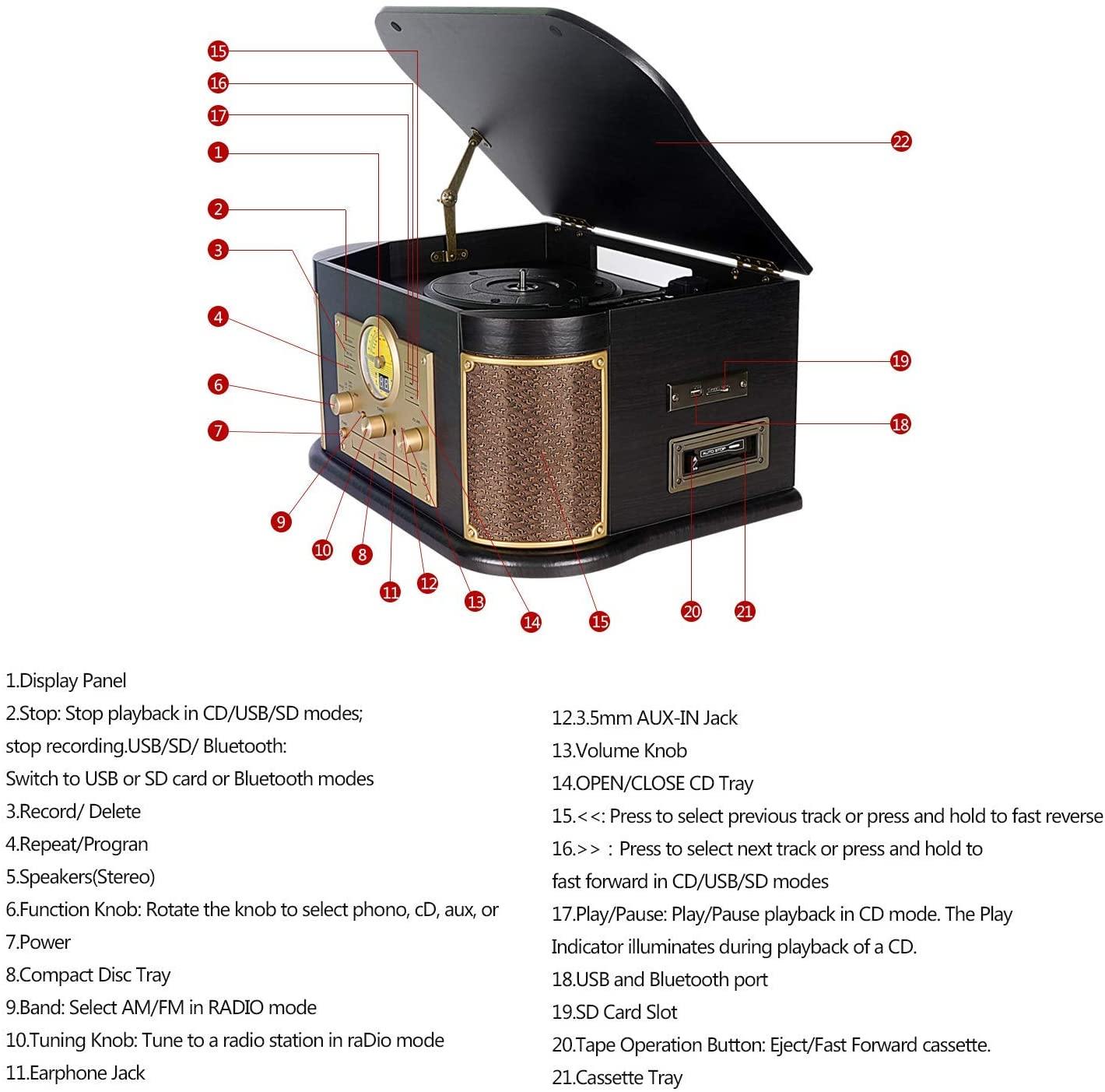 Cassette Record Player,Phonographs DLITIME 3-Speed Vinyl Turntable Built-in Bluetooth 2x9W Speakers - JOY2ESpree