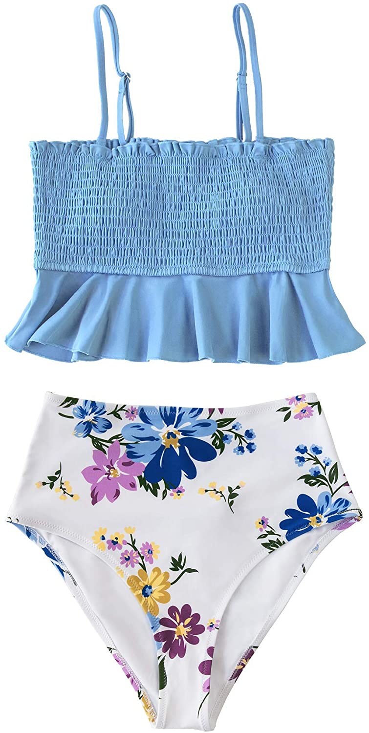 CUPSHE Women's High Waist Bikini Swimsuit Ruffle Smock Floral Print Two Piece Bathing Suit