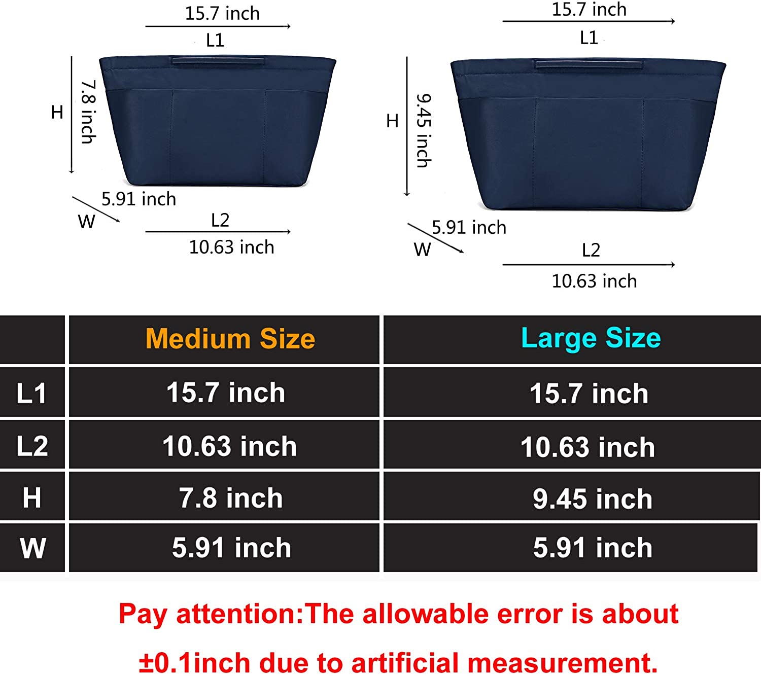 bridawn Nylon Tote Organizer Purse Insert Pocketbook Organizer Insert Handbag Divider with Handles Zipper Closure