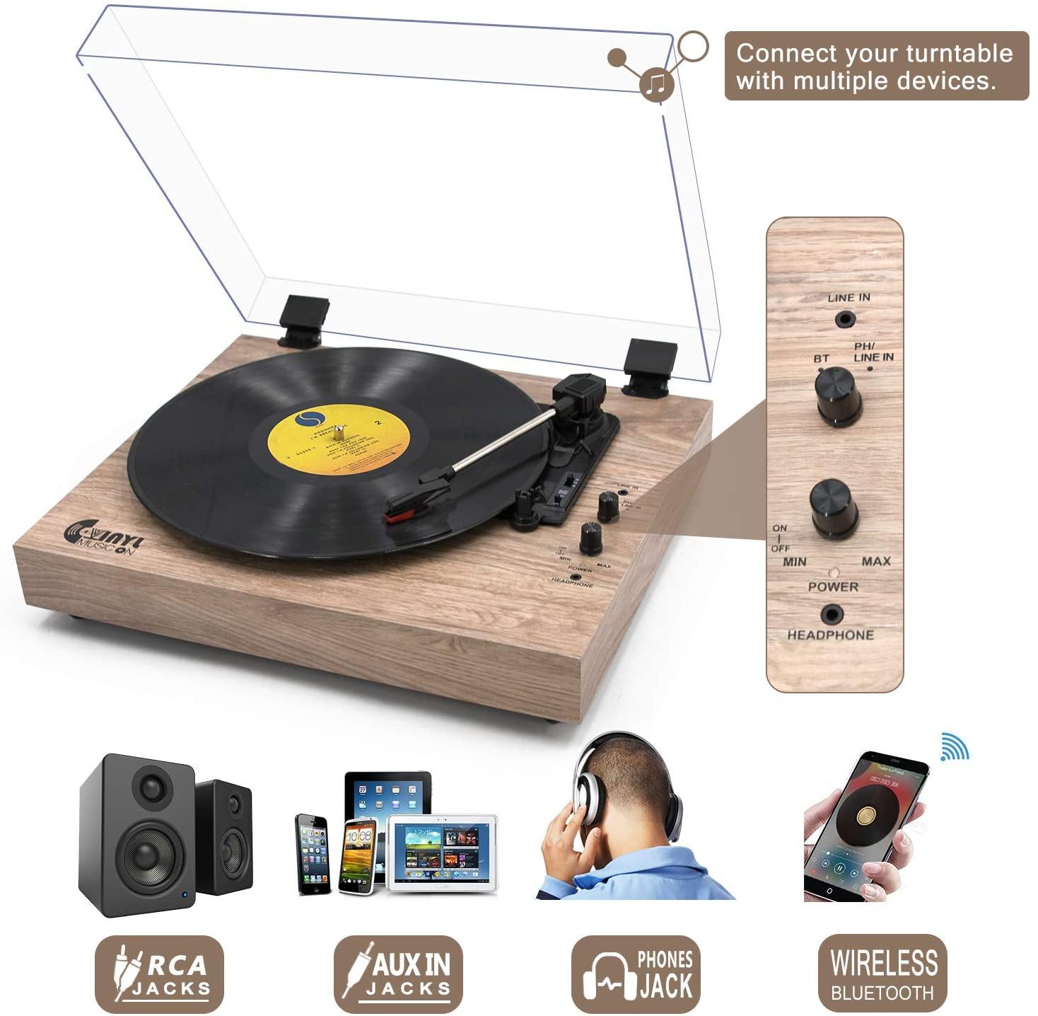 Retro Record Player for 33/45/78 RPM Vinyl Records,Bluetooth Belt-Drive Turntable - JOY2ESpree