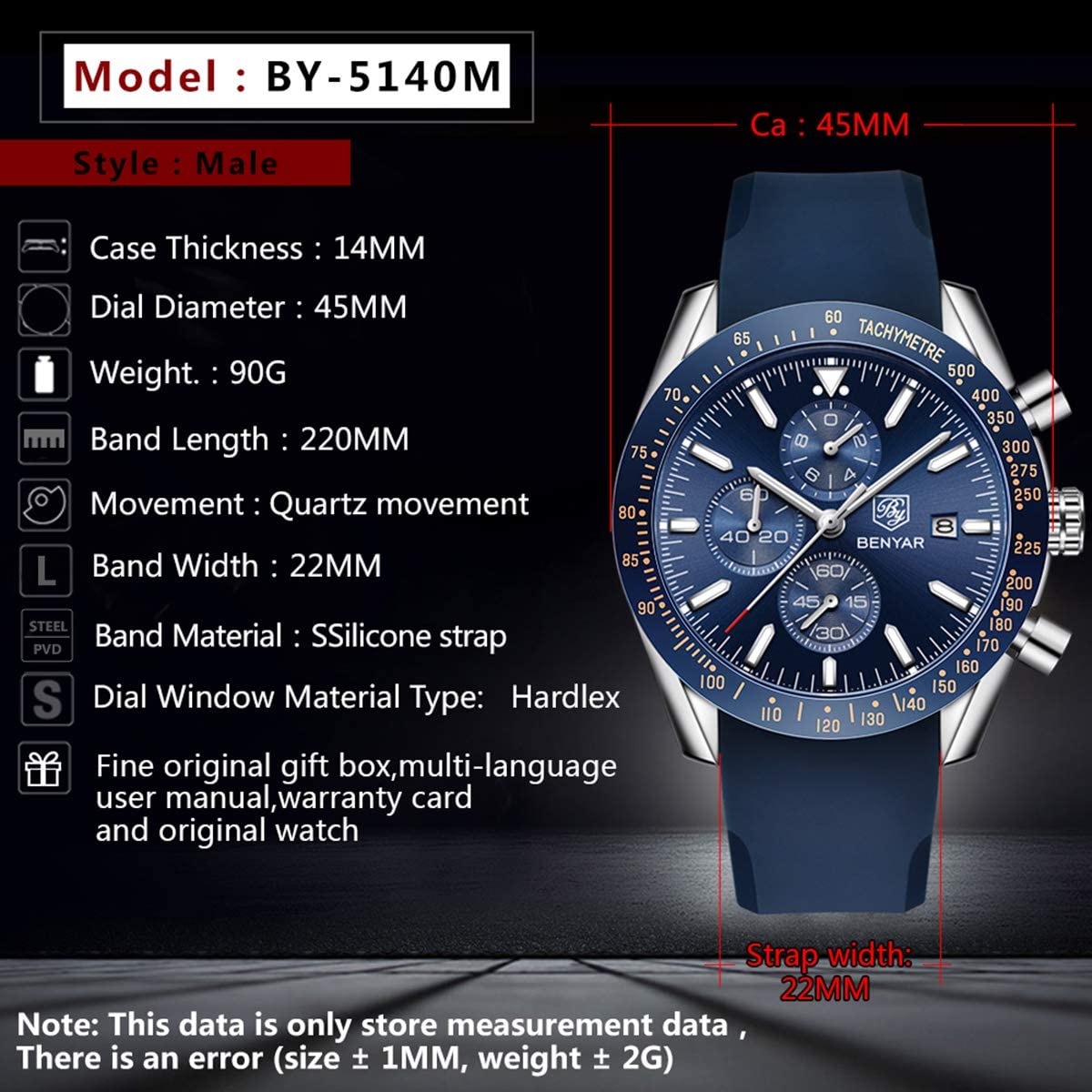 BENYAR Chronograph Mens Watch Quartz Movement 30M Waterproof | Leather Watch Strap