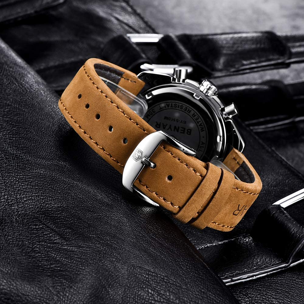 BENYAR Chronograph Mens Watch Quartz Movement 30M Waterproof | Leather Watch Strap