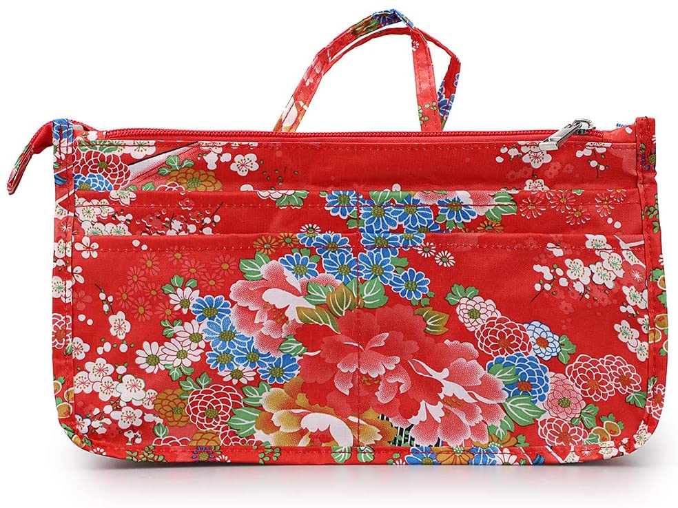 BTSKY New Printing Handbag Organizers Inside Purse Insert-High Capacity 13 Pockets Bag Tote Organizer with Handle Peacock Flower