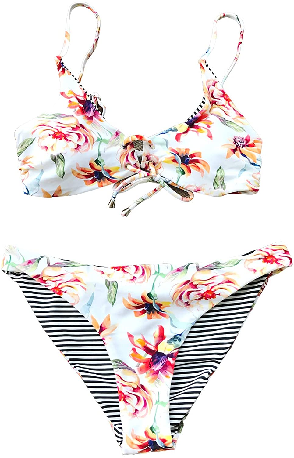 CUPSHE Women's Reversible Lace Up Bikini Sets Floral and Striped