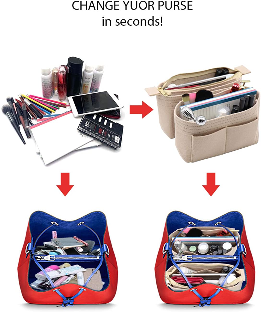 LEXSION Organizer,Bag Organizer,Insert purse organizer with 2 packs in one set fit LV NeoNoe Noé Series perfectly