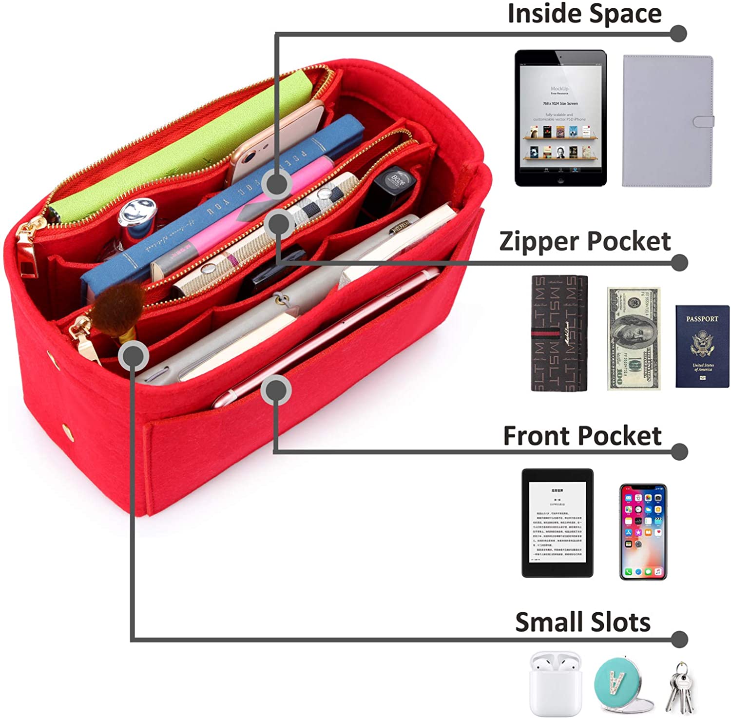APSOONSELL Felt Purse Organizer Insert with Card Case, Tote Handbag Organizer Bag Insert with Zipper