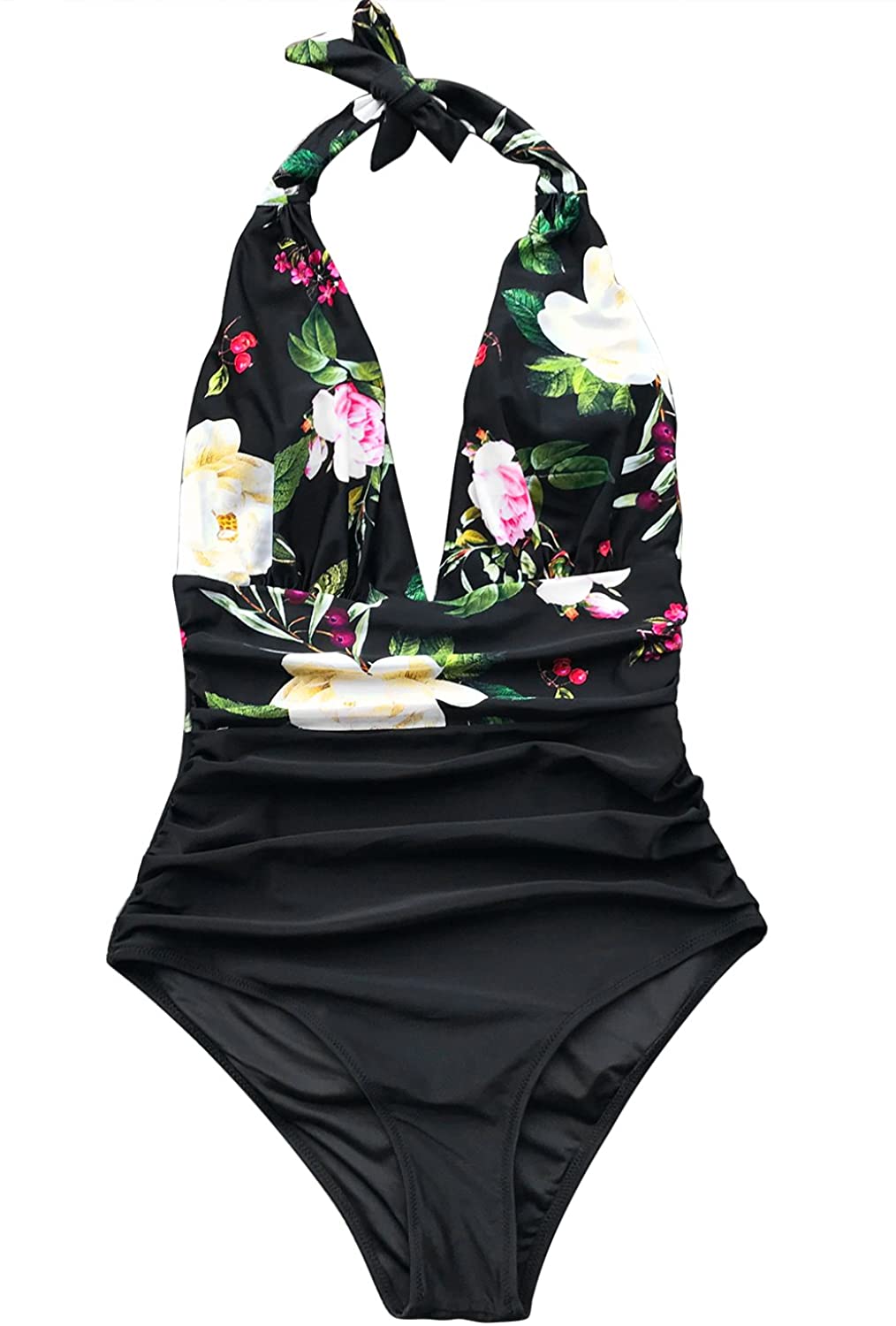 CUPSHE Women's One Piece Swimsuit Halter Plunge Neck Ruched Tummy Control Bathing Suits