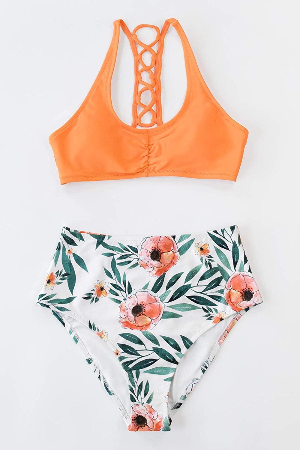CUPSHE Women's High Waisted Bikini Floral Lace Up Two Piece Swimsuits