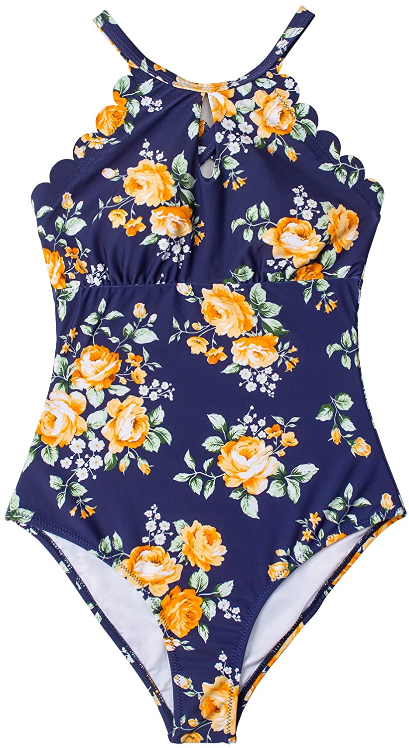 CUPSHE Women's One Piece Swimsuit Floral Print High Neck Scallop Bathing Suit