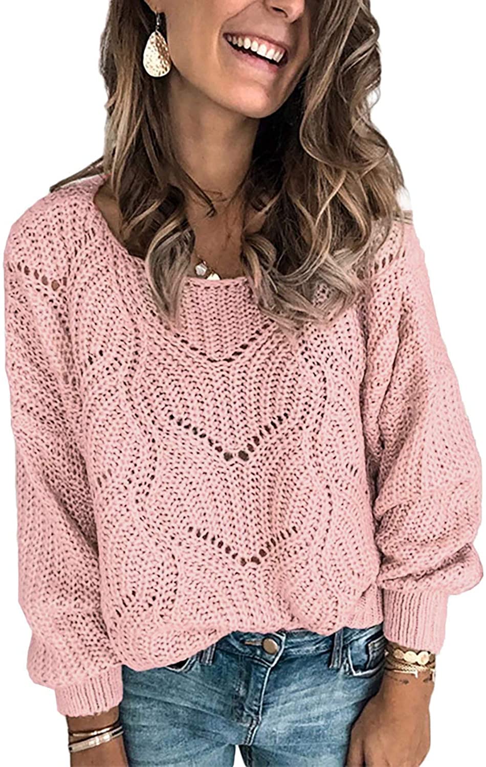 Dokotoo Womens Cute Soft Crewneck Long Sleeve Hollow Cable Knit Pullover Sweaters