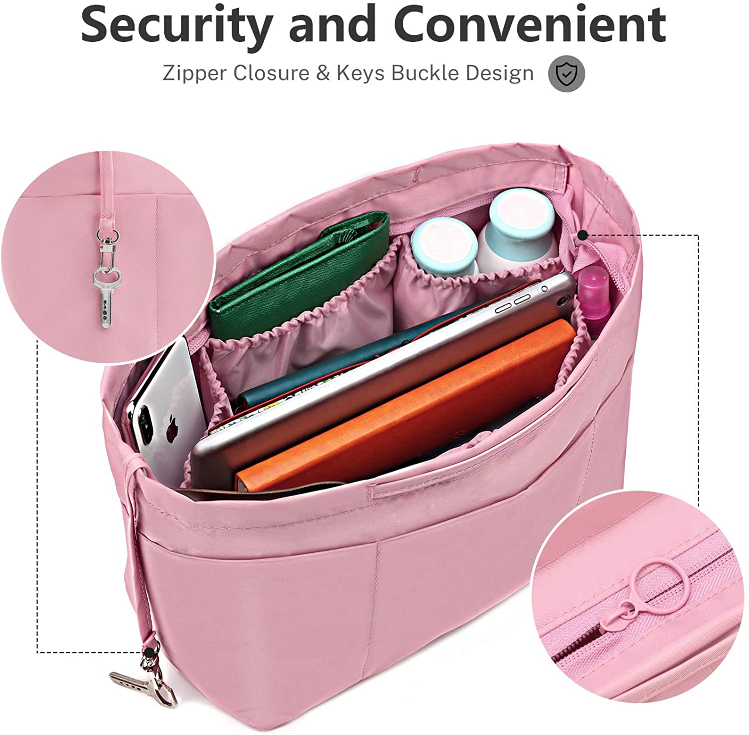 bridawn Nylon Tote Organizer Purse Insert Pocketbook Organizer Insert Handbag Divider with Handles Zipper Closure