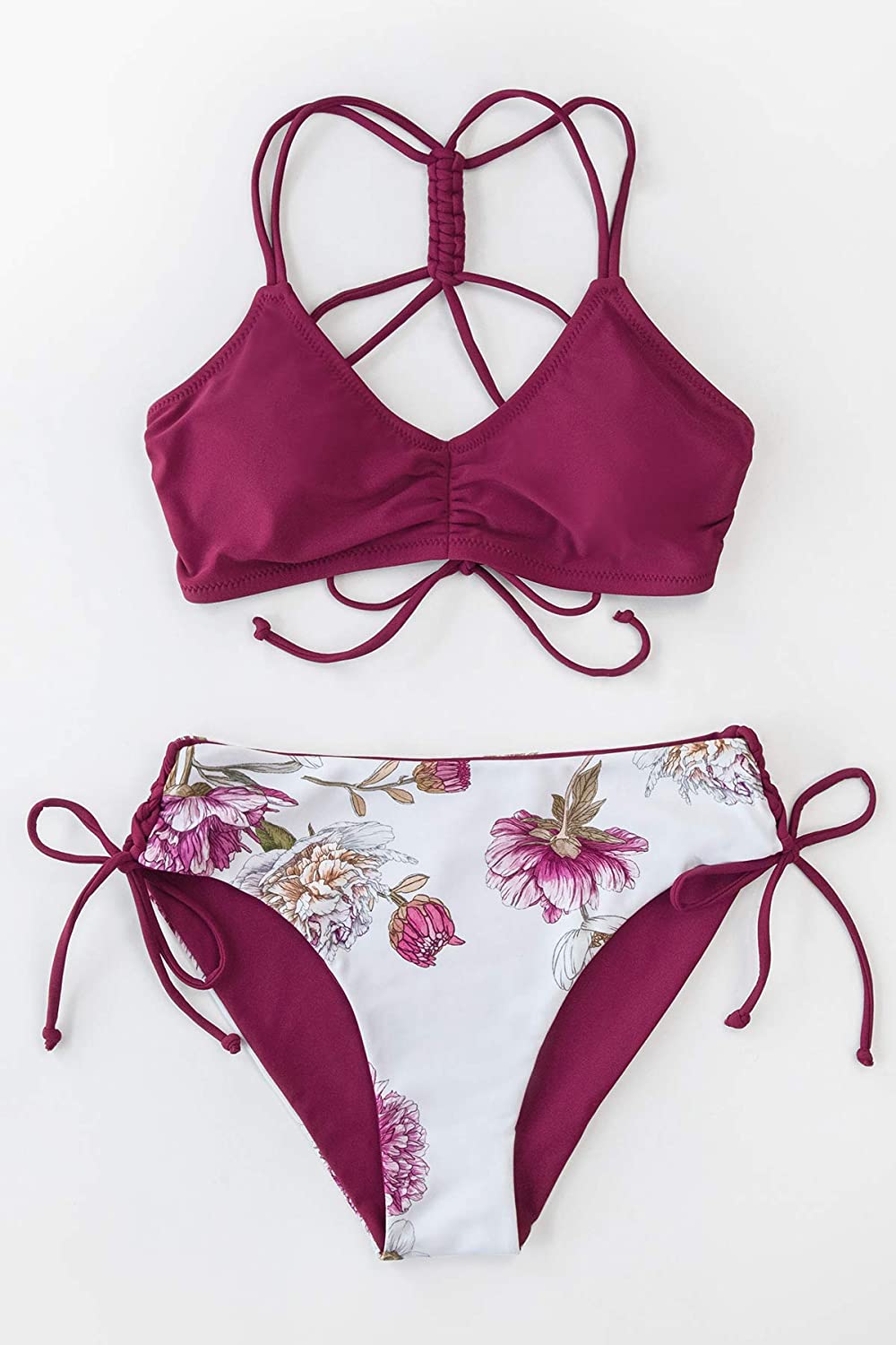 CUPSHE Women's Back Braided Straps Reversible Bottom Strappy Lace Up Bikini Sets