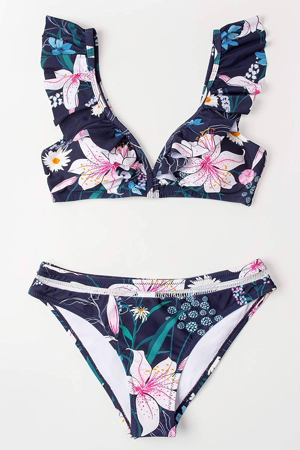 CUPSHE Women's Orange Floral Bottom Ruffle Hook Closure Bikini Set