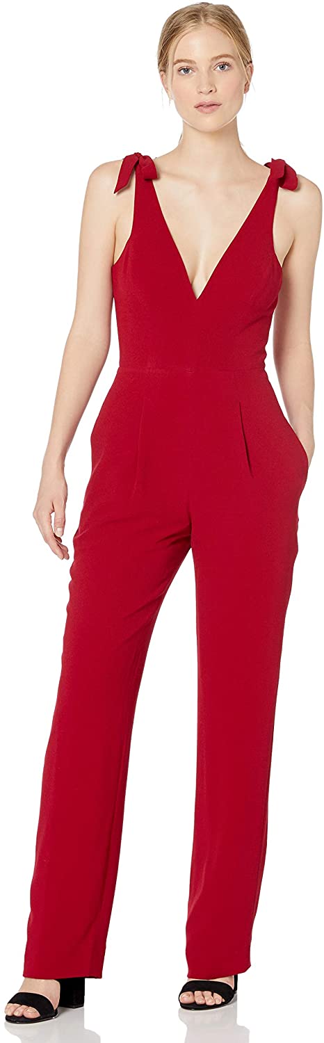 Dress the Population Women's Maira Sleeveless Plunging Dress Jumpsuit W Bows
