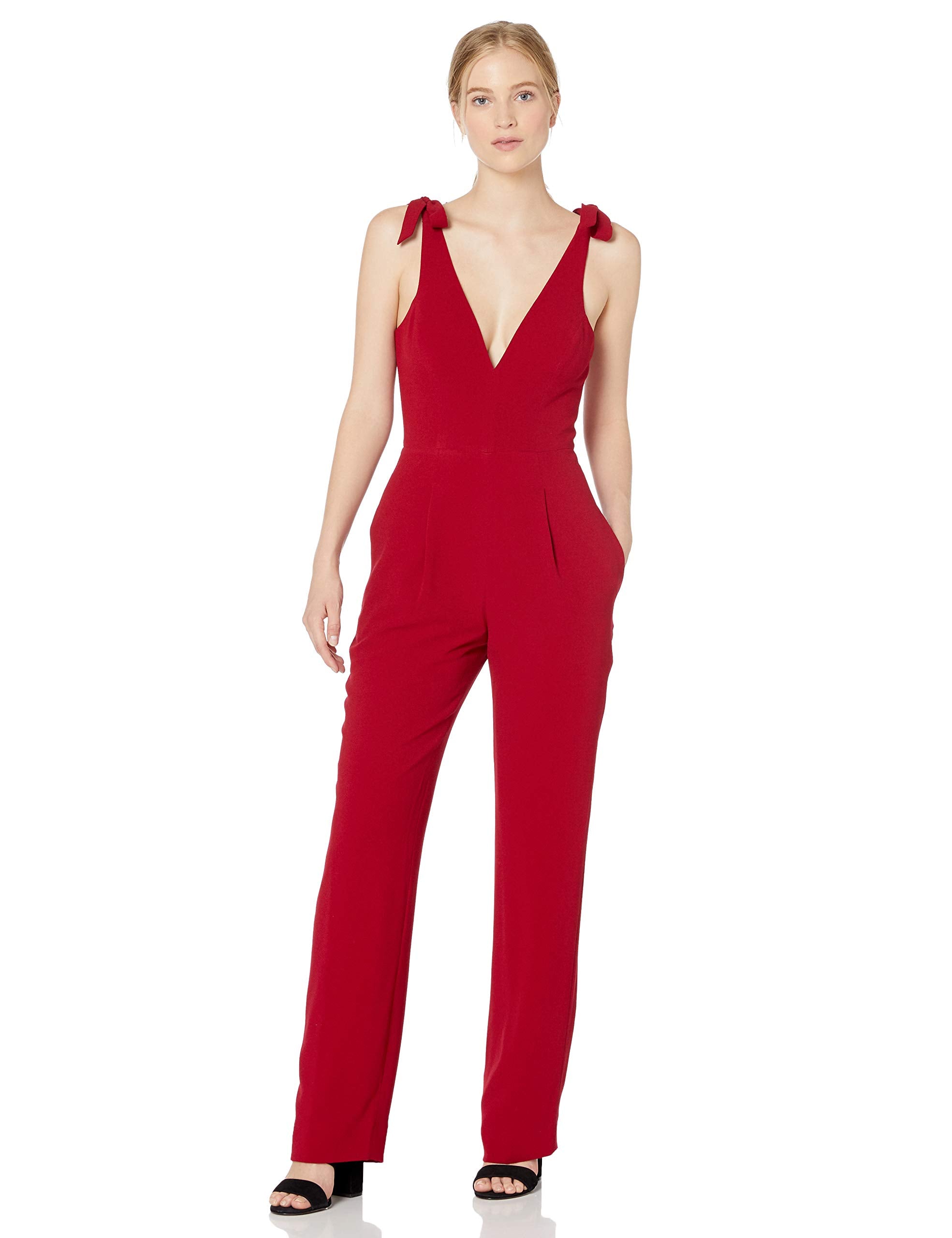 Dress the Population Women's Maira Sleeveless Plunging Dress Jumpsuit W Bows