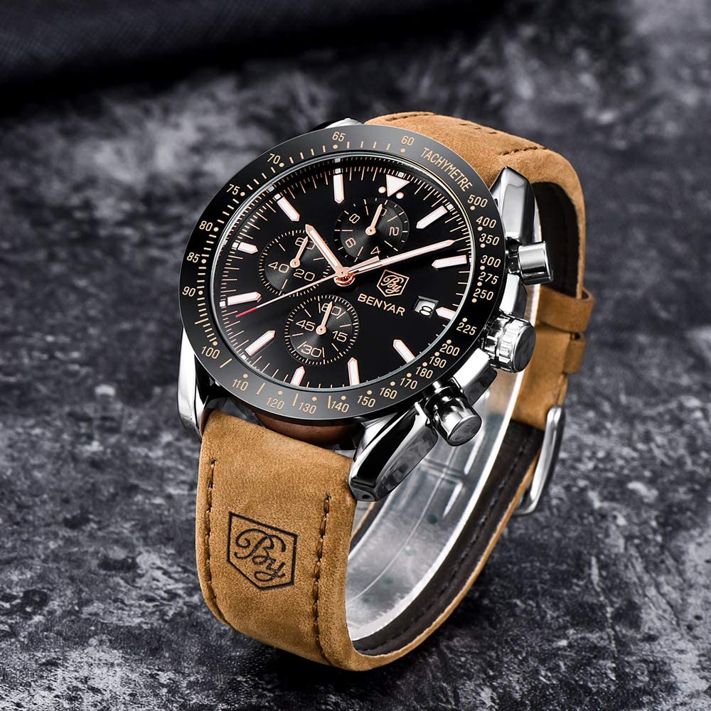 BENYAR Chronograph Mens Watch Quartz Movement 30M Waterproof | Leather Watch Strap