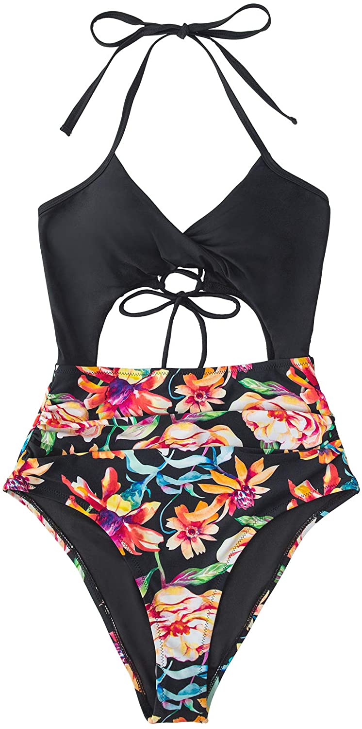 CUPSHE Women's Black Floral Print Halter Cutout High Waist One Piece Swimsuit