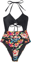 
                        
                          Load image into Gallery viewer, CUPSHE Women's Black Floral Print Halter Cutout High Waist One Piece Swimsuit
                        
                      