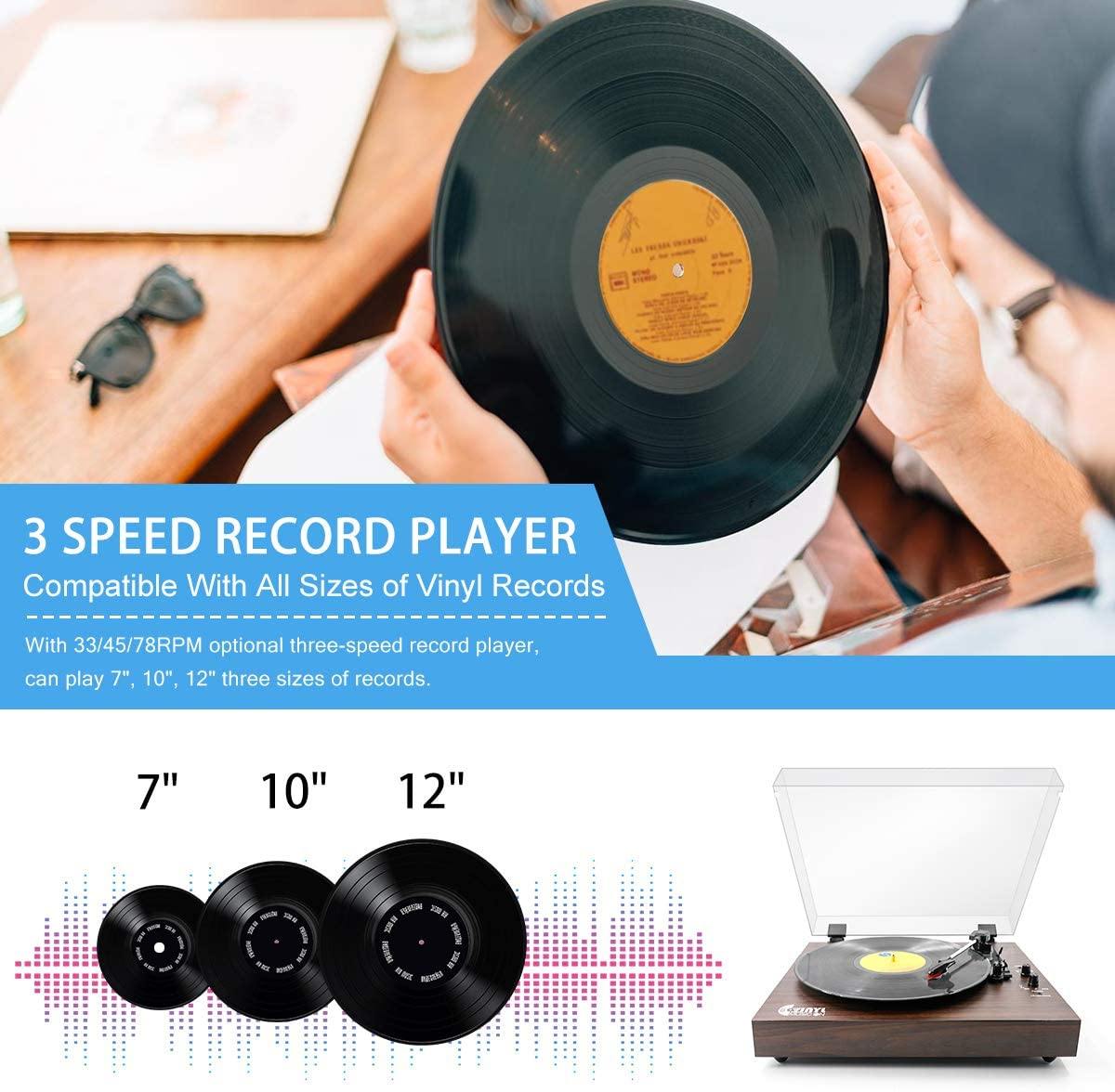 Retro Record Player for 33/45/78 RPM Vinyl Records,Bluetooth Belt-Drive Turntable - JOY2ESpree