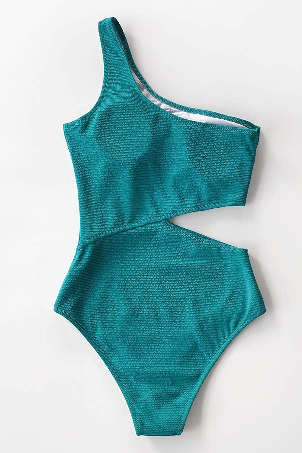 CUPSHE Women's One Piece Swimsuit One Shoulder Cut Out Ribbed Swimwear Bathing Suits - JOY2ESpree