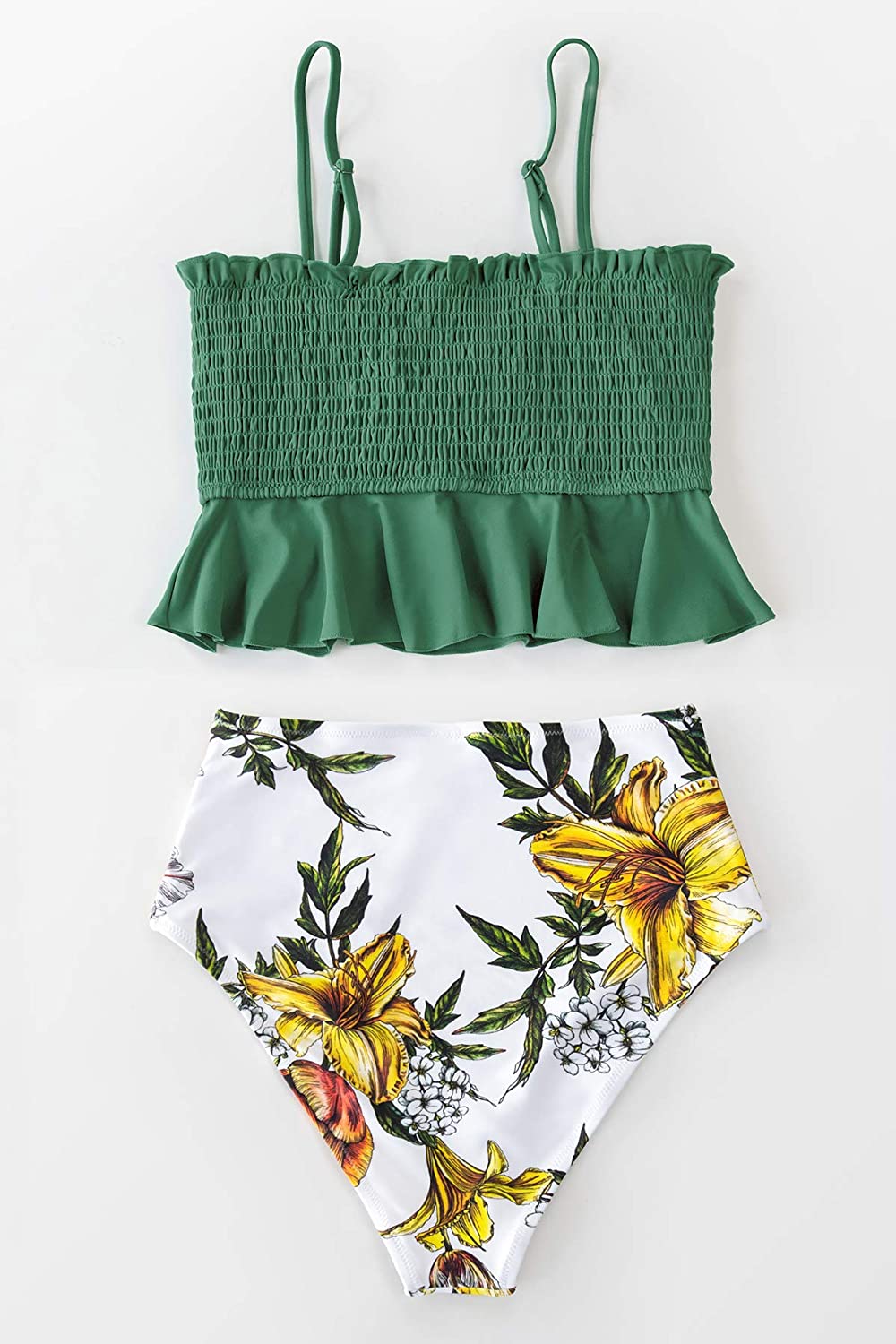 CUPSHE Women's High Waist Bikini Swimsuit Ruffle Smock Floral Print Two Piece Bathing Suit