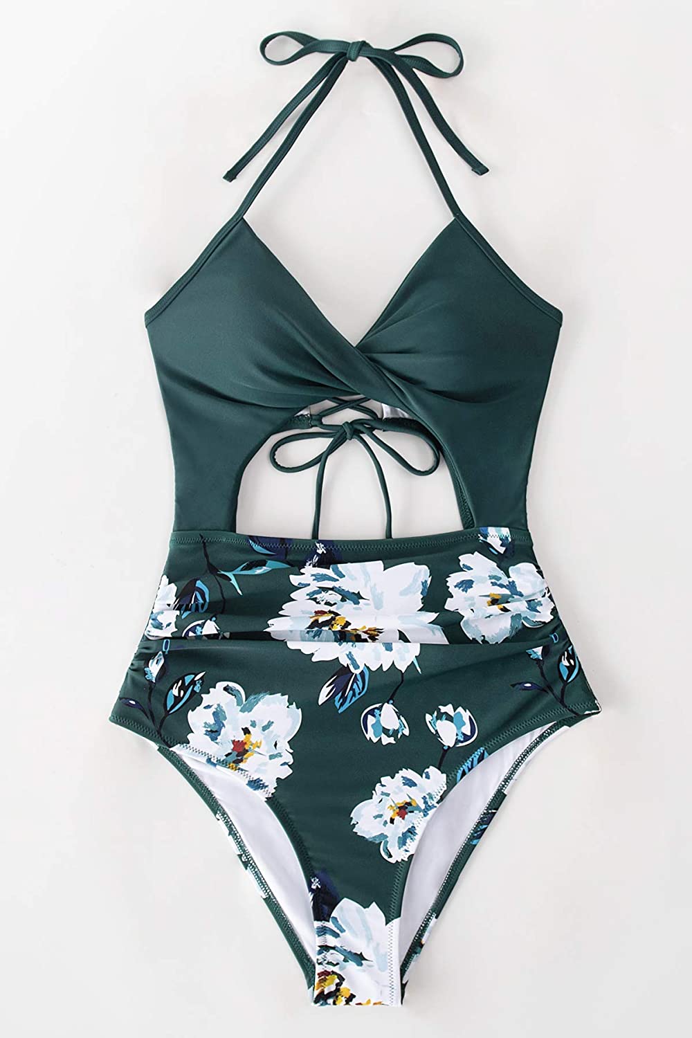 CUPSHE Women's Black Floral Print Halter Cutout High Waist One Piece Swimsuit