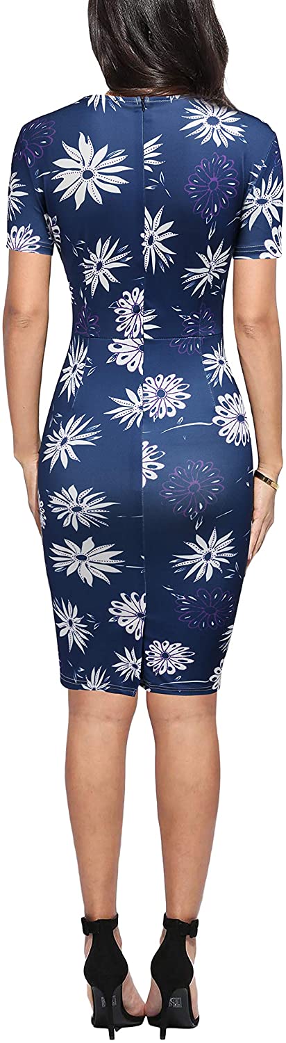 FORTRIC Women Printing Church Business Office Work Elegant Bodycon Pencil Dress