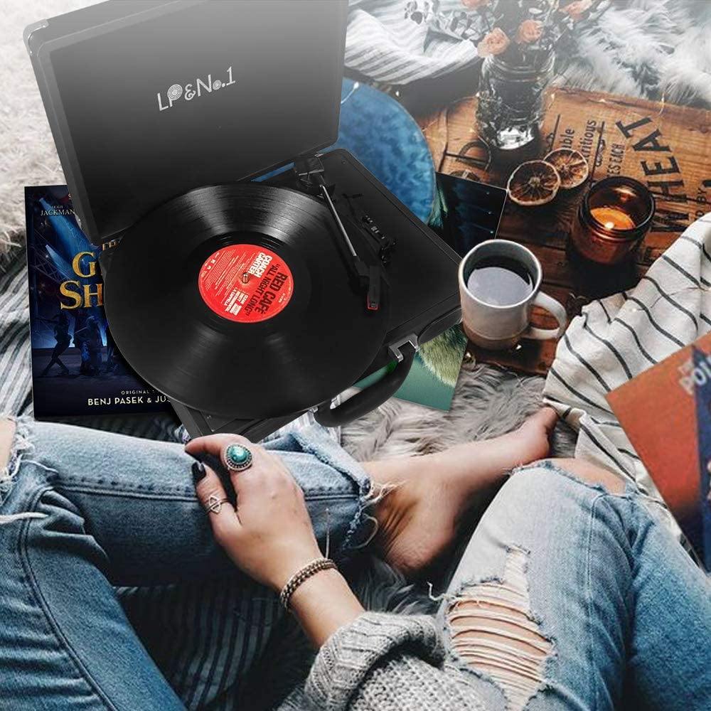 LP&No.1 Portable Suitcase Turntable with Stereo Speaker,3 Speeds Belt-Drive Vinyl Record Player Black - JOY2ESpree