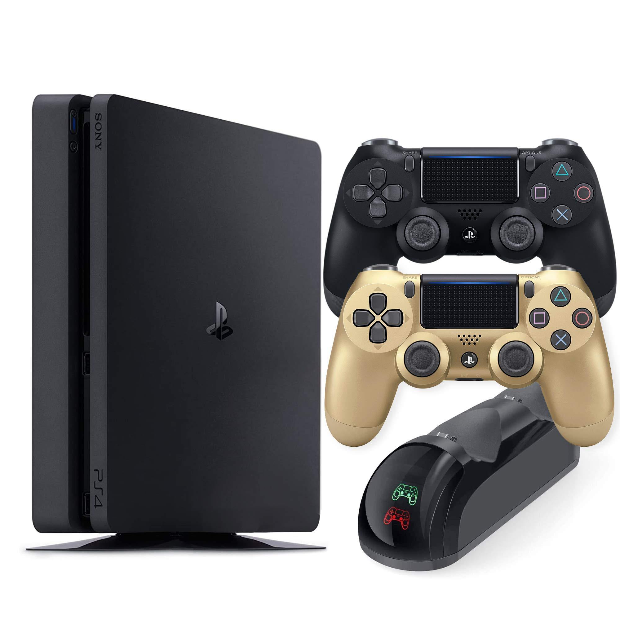 Playstation 4 Slim 1TB Console with Black and Gold Wireless Controller and Mytrix DS4 Fast Charging Dock - JOY2ESpree