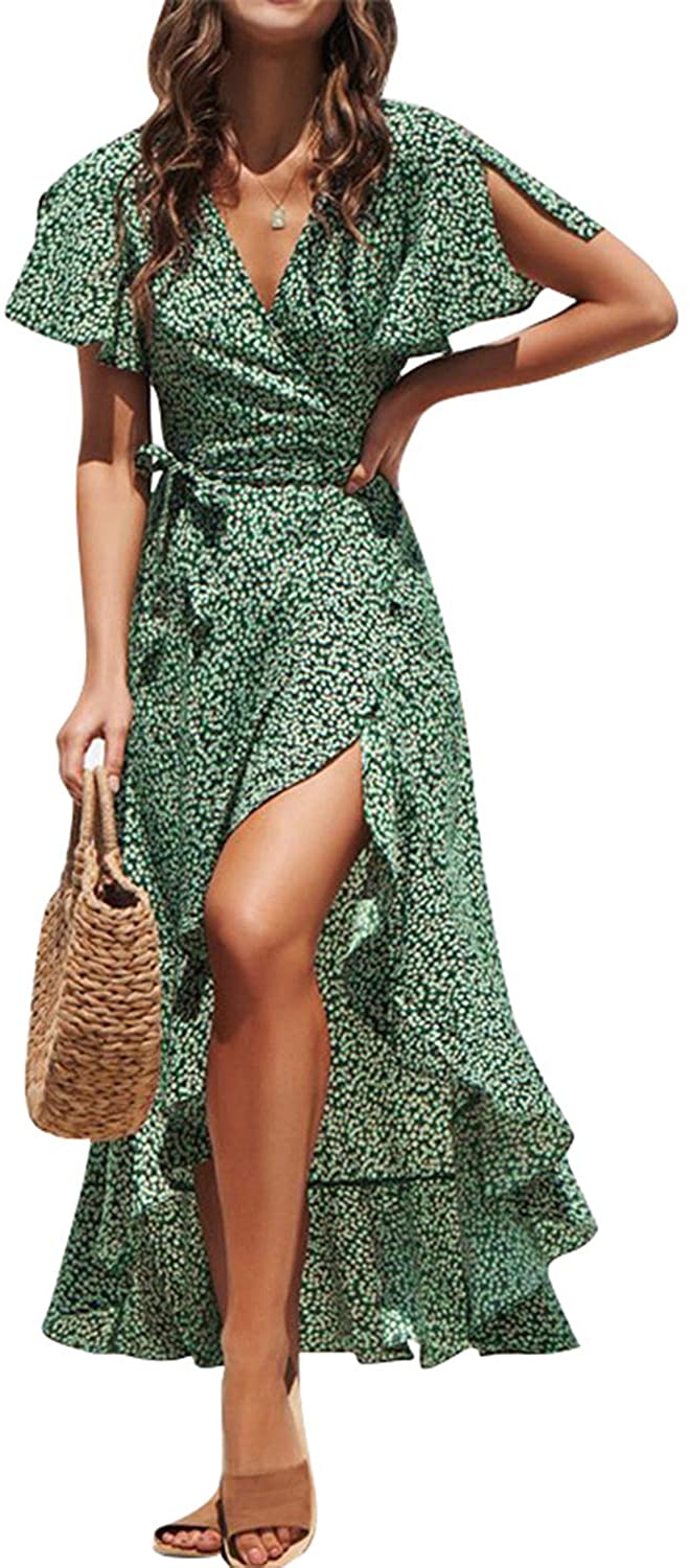 Miessial Women's Summer Chiffon V Neck Ruffle Maxi Dress Polka Dot Long Beach Wrap Dress
