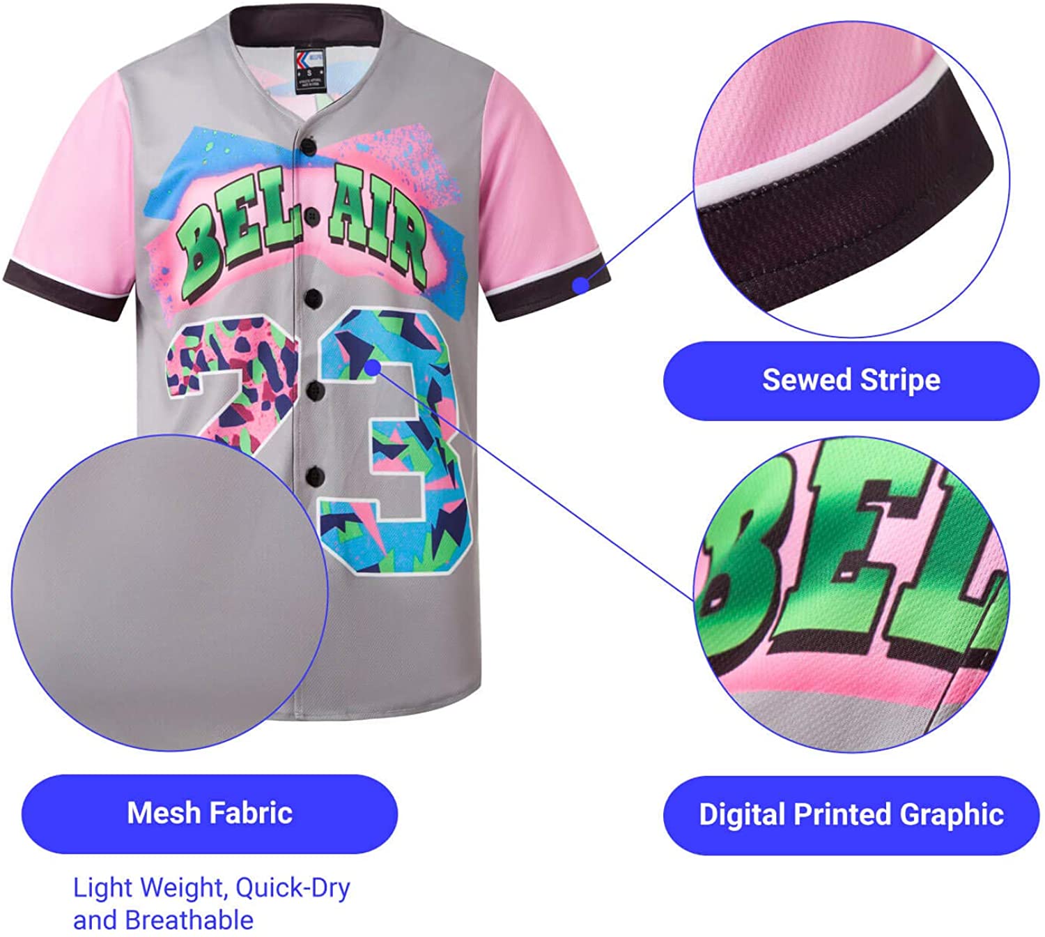 MOLPE 90s Hip Hop Clothing for Men and Women, Unisex Bel Air 23 Baseball Jersey, Mens Printed Urban Shirts for Party