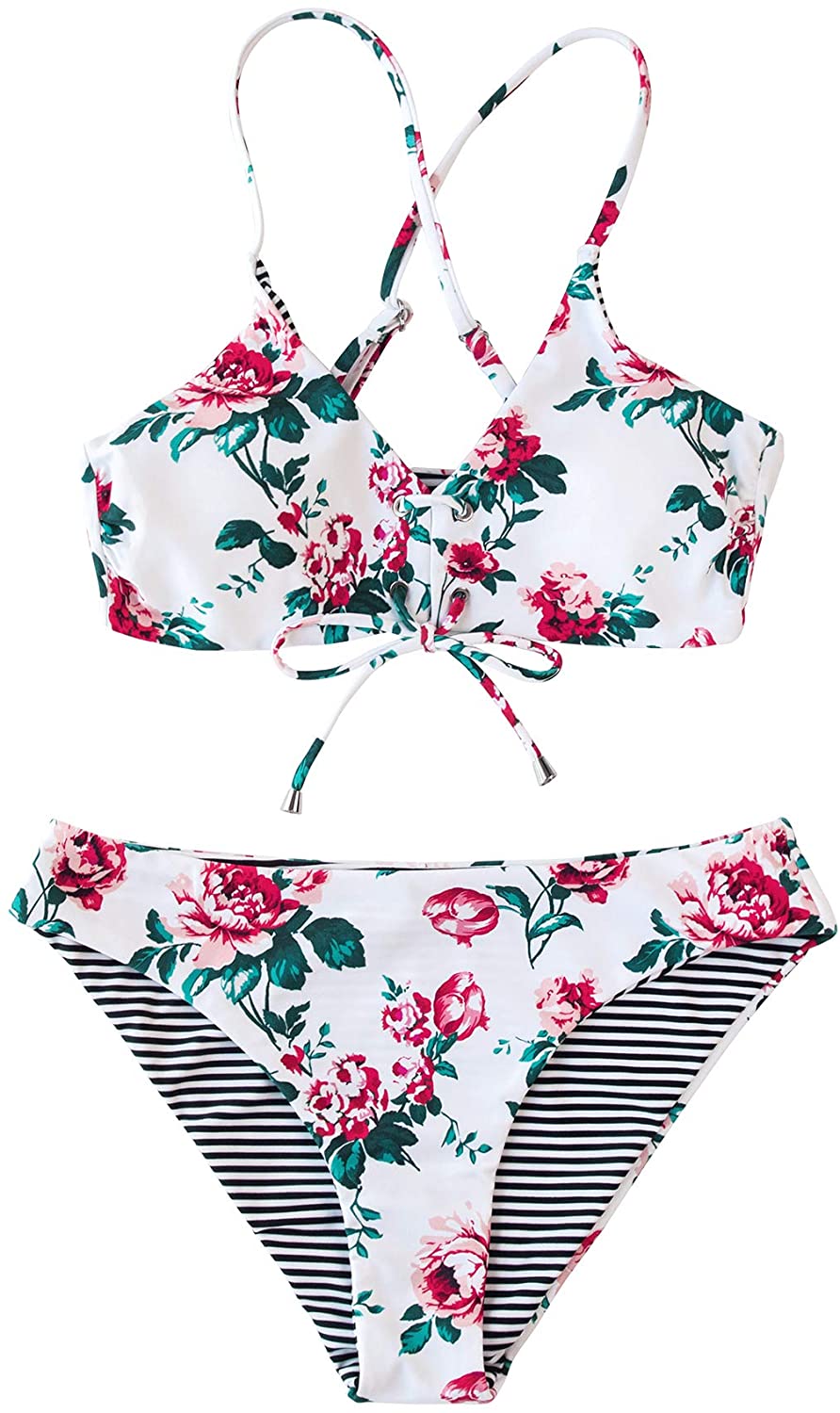CUPSHE Women's Reversible Lace Up Bikini Sets Floral and Striped