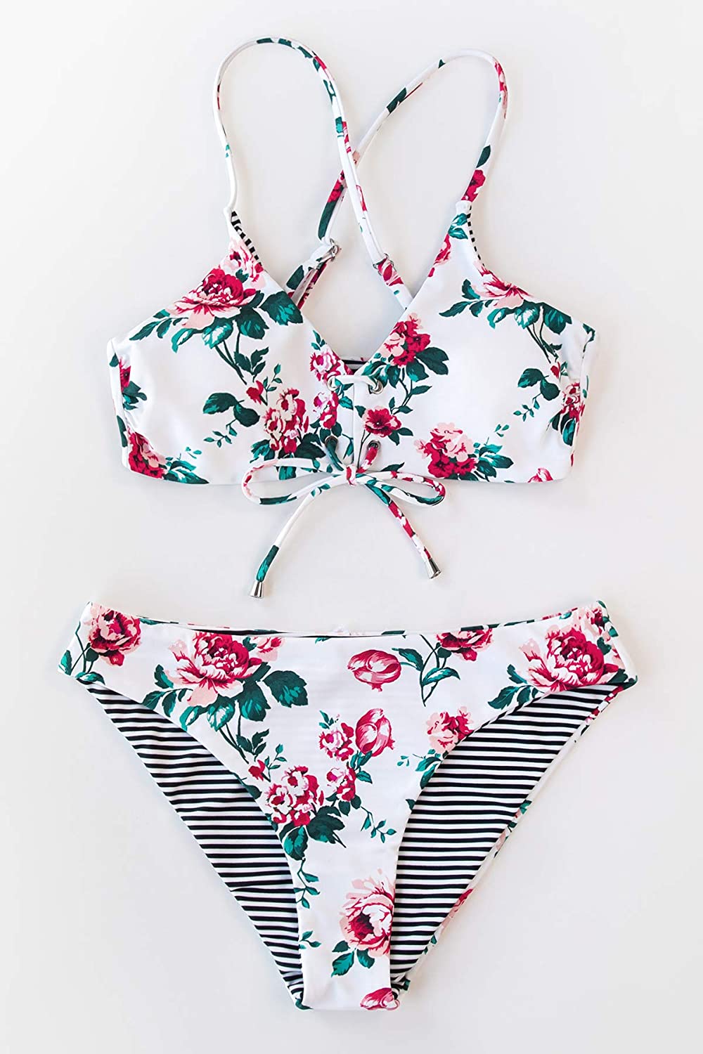 CUPSHE Women's Reversible Lace Up Bikini Sets Floral and Striped