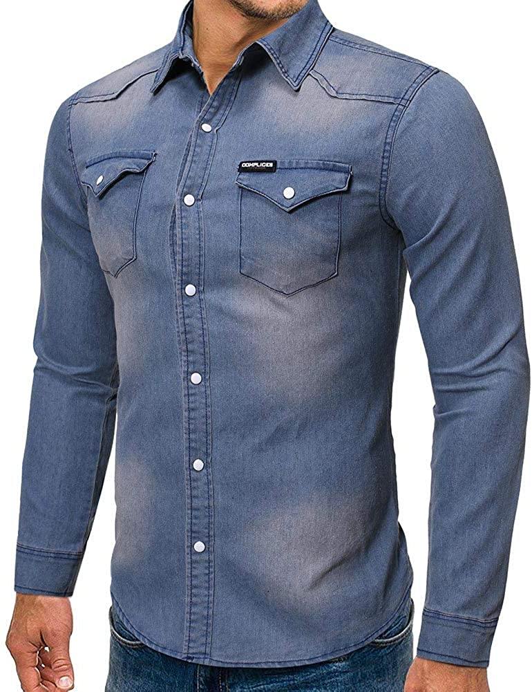 Cloudstyle Men's Regular Fit Button Down Casual Denim Shirts Long Sleeve Jean Shirts