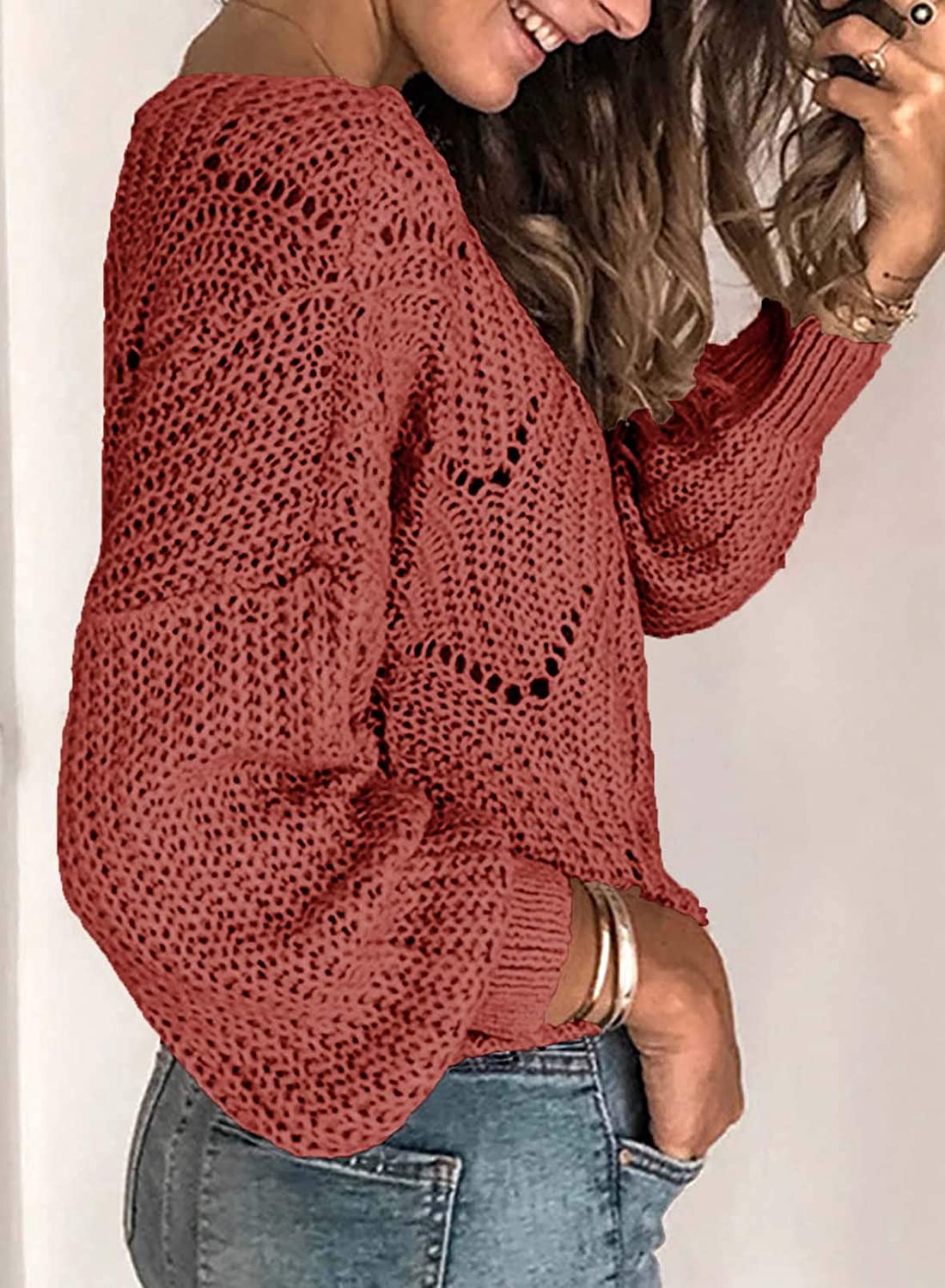 Dokotoo Womens Cute Soft Crewneck Long Sleeve Hollow Cable Knit Pullover Sweaters