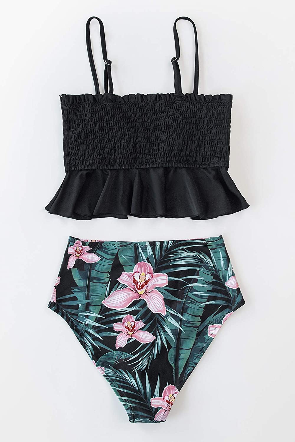 CUPSHE Women's High Waist Bikini Swimsuit Ruffle Smock Floral Print Two Piece Bathing Suit