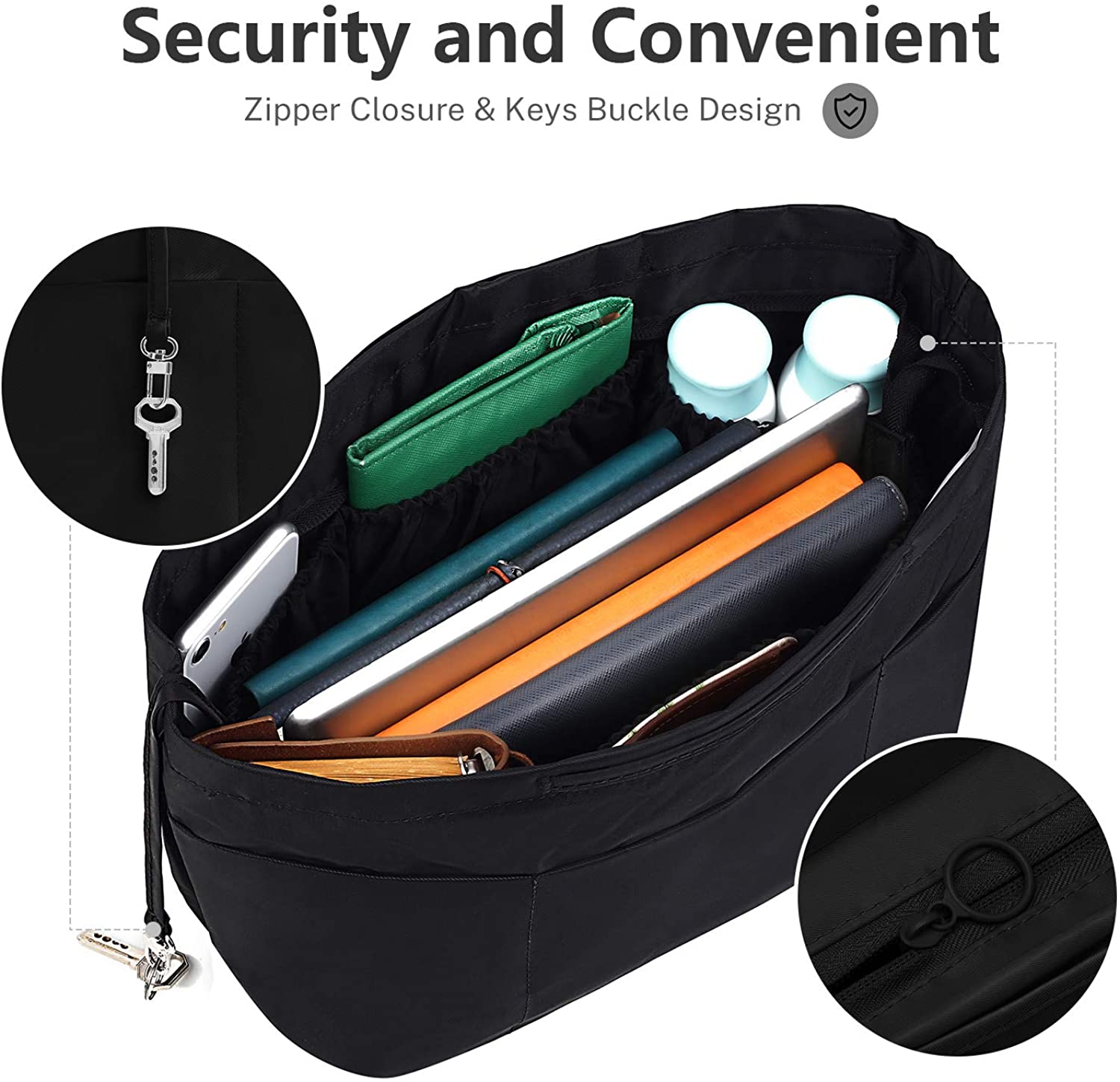 bridawn Nylon Tote Organizer Purse Insert Pocketbook Organizer Insert Handbag Divider with Handles Zipper Closure