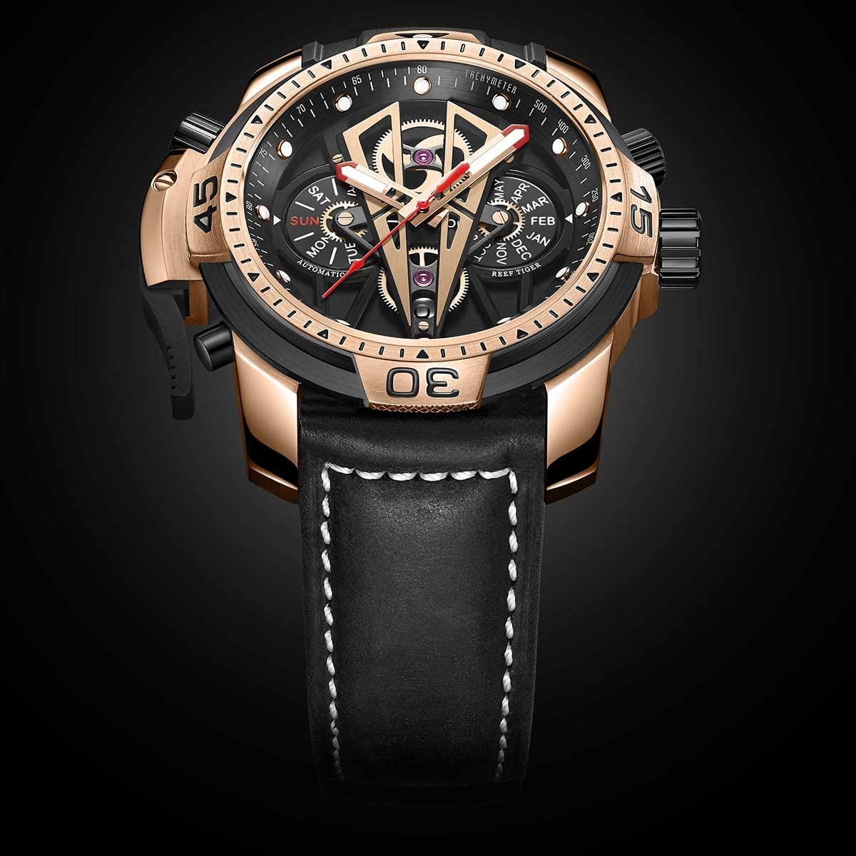Reef Tiger Mens Sport Mechanical Watches with Steel Black Dial Automatic Watch Calfskin Leather Strap RGA3591