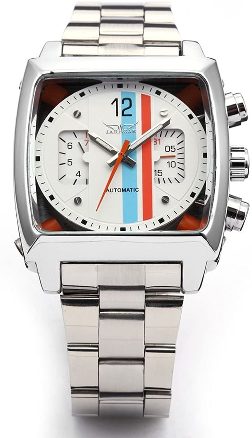 Fanmis Mens Automatic Analog Oblong Date Silver Stainless Steel Wrist Watch Business Luminous Watch