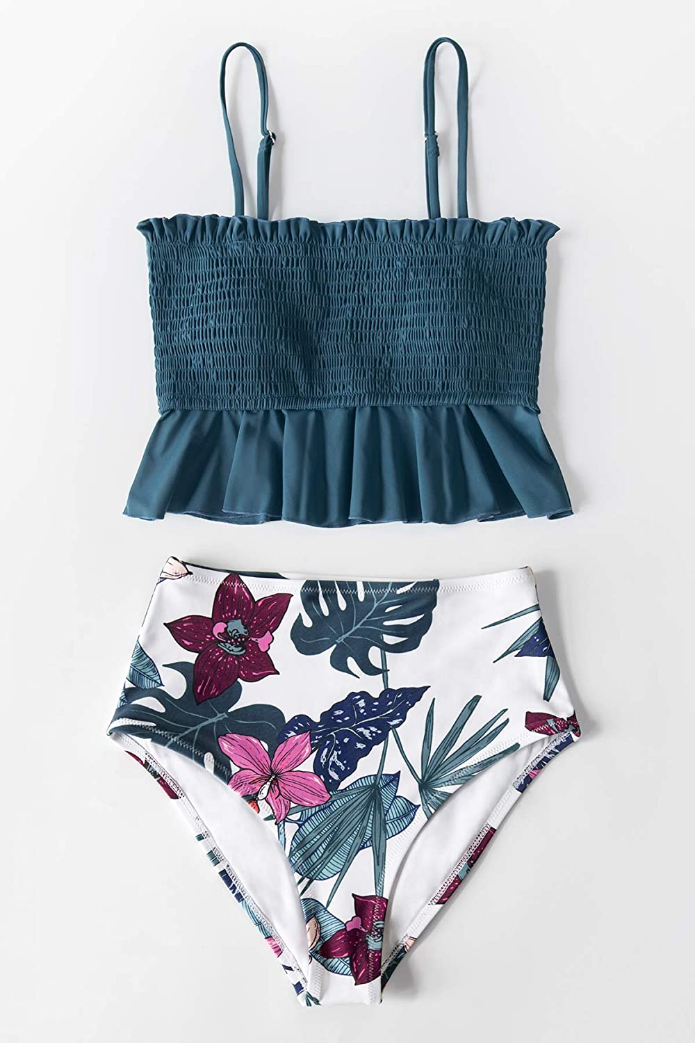 CUPSHE Women's High Waist Bikini Swimsuit Ruffle Smock Floral Print Two Piece Bathing Suit