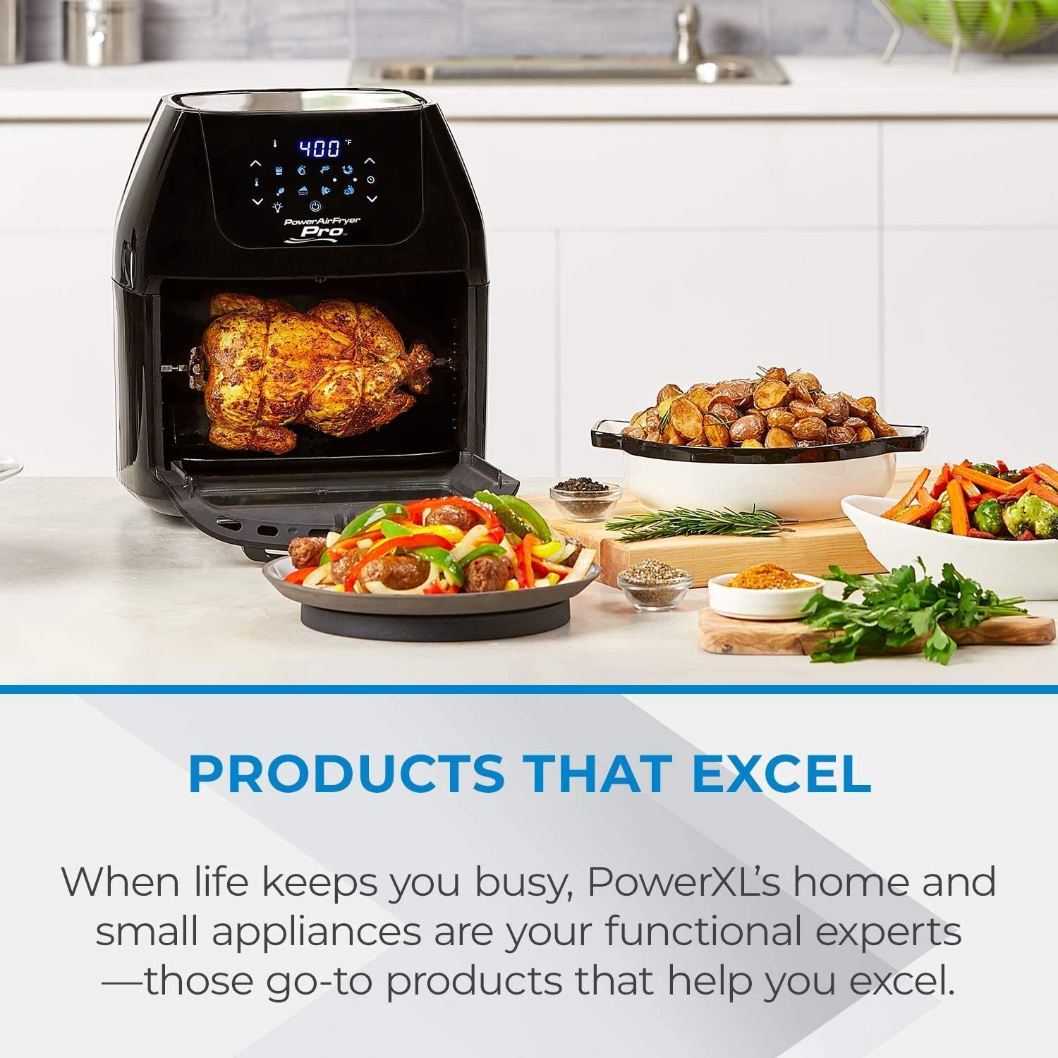 PowerXL Air Fryer Pro, Crisp, Cook, Rotisserie, Dehydrate; 7-in-1 Cooking Features; Deluxe Air Frying Accessories; 3 Recipe Books (6 Qt, Black) - JOY2ESpree