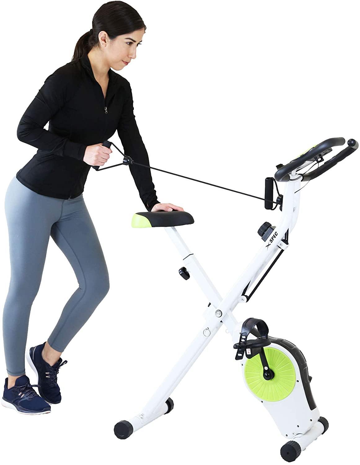 Xspec Indoor Foldable Stationary Upright Exercise Cardio Workout Cycling Bike with 16-Level Resistance, Magenta/Lime - JOY2ESpree