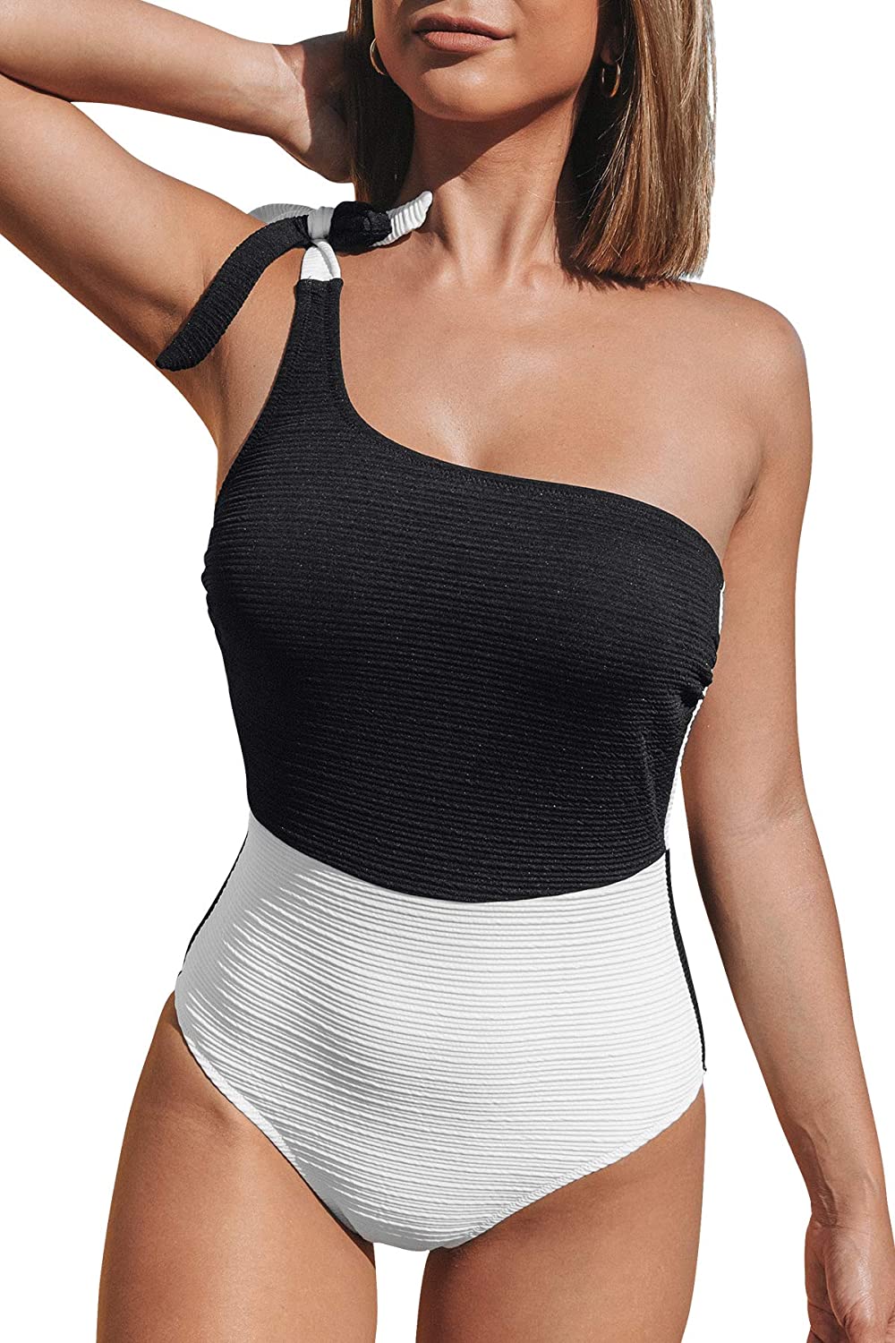 CUPSHE Women's One Piece Swimsuit Color Block One Shoulder Bowknot Bathing Suit