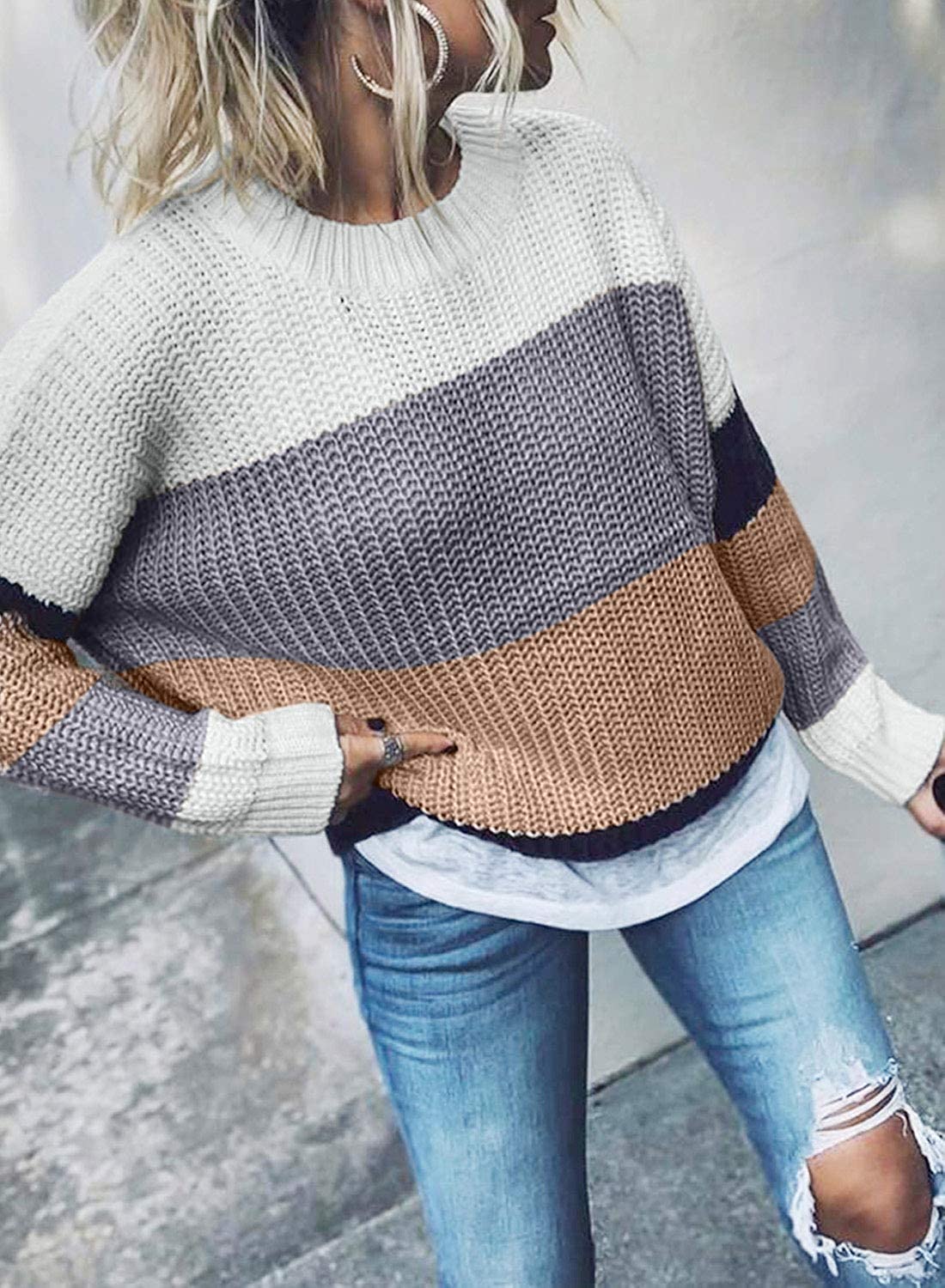 Dokotoo Womens Cute Soft Crewneck Long Sleeve Hollow Cable Knit Pullover Sweaters