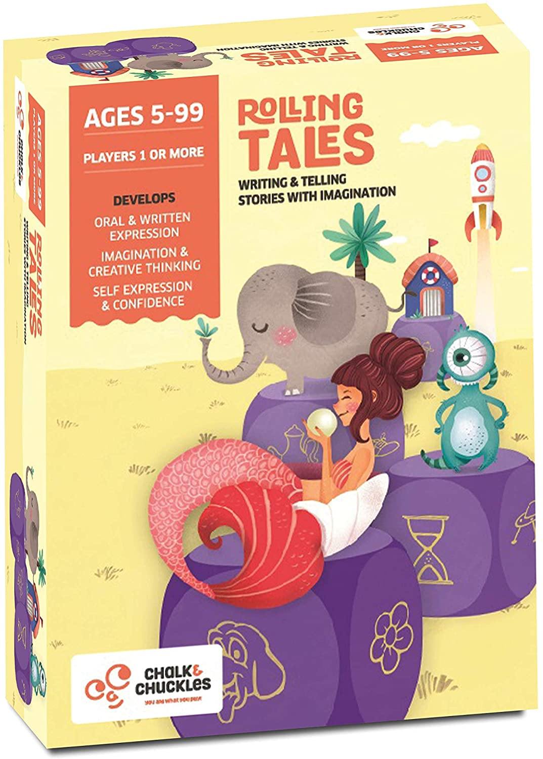 Chalk and Chuckles Rolling Tales, Story Telling Wooden Dice Cubes with Feelings & Objects Ages 5 to 99 Years Old Create Endless Stories - JOY2ESpree